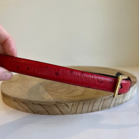 Vintage 90s Red Genuine Italian Leather Thin Skinny Gold Buckle Belt Size Small - Picture 4 of 11